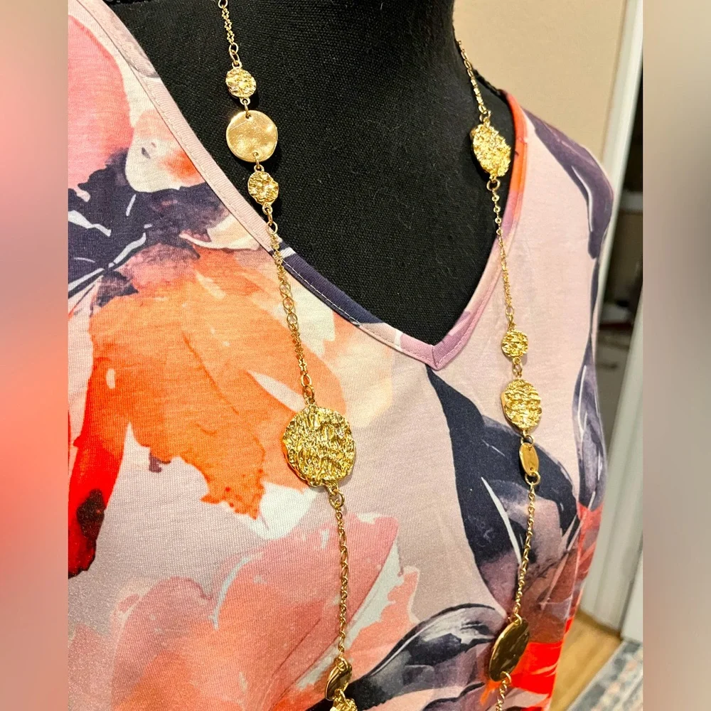 N119 Extra long Chico’s Gold Hammered Disks Necklace - Picture 4 of 5